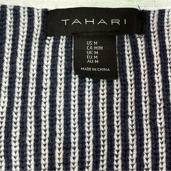 Tahari Blue & White Striped Ribbed Open Long Cardigan Medium - Picture 7 of 10